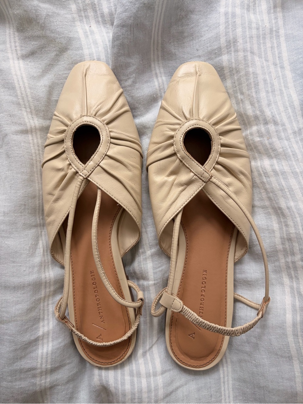 Anthropologie Cream Ruched Leather Slingback Flats